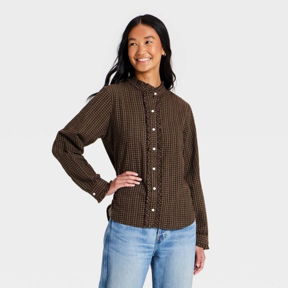 Women's Ruffle Long Sleeve Button-Up Ruff Collared Neck Blouse - Brown Plaid M